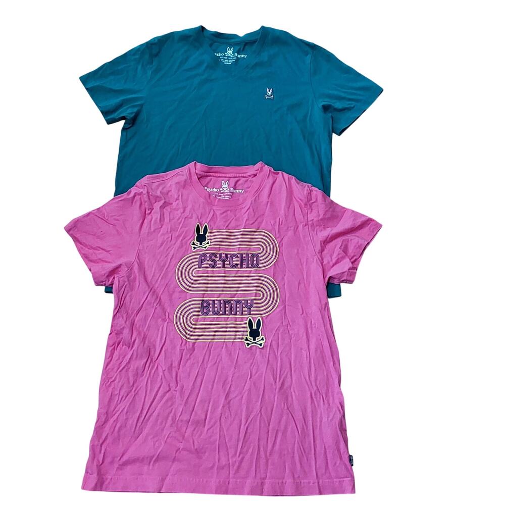 Lot of 2 Psycho Bunny Men T-Shirt Pima Cotton Pink Teal Size 4 S
